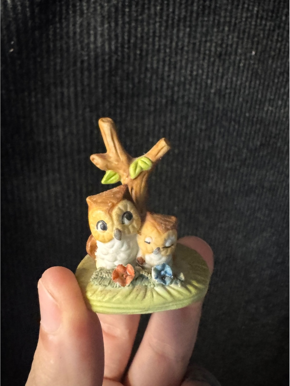 Vintage Owl Figurine with Tree and Flowers Ceramic Sculpture